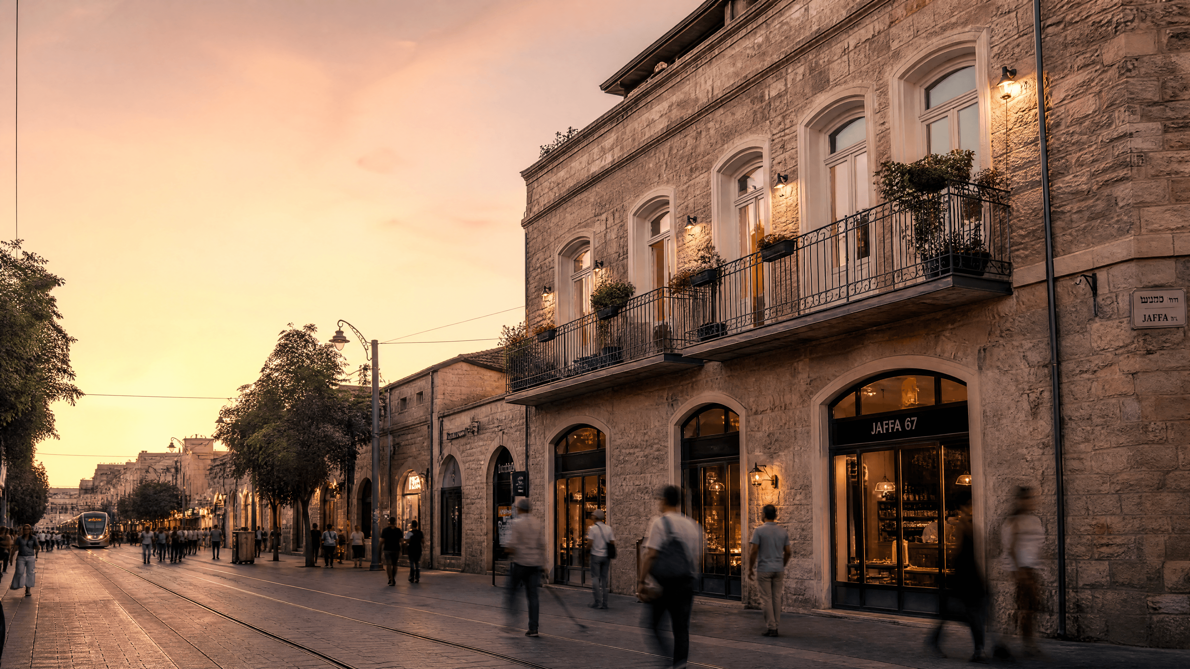Façade rénovée en pierre de Jérusalem, Jaffa Road, golden hour